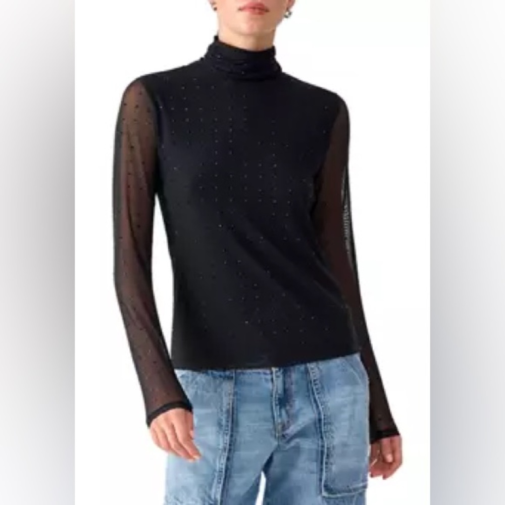 Sanctuary Black Mesh Turtleneck Embellished Top